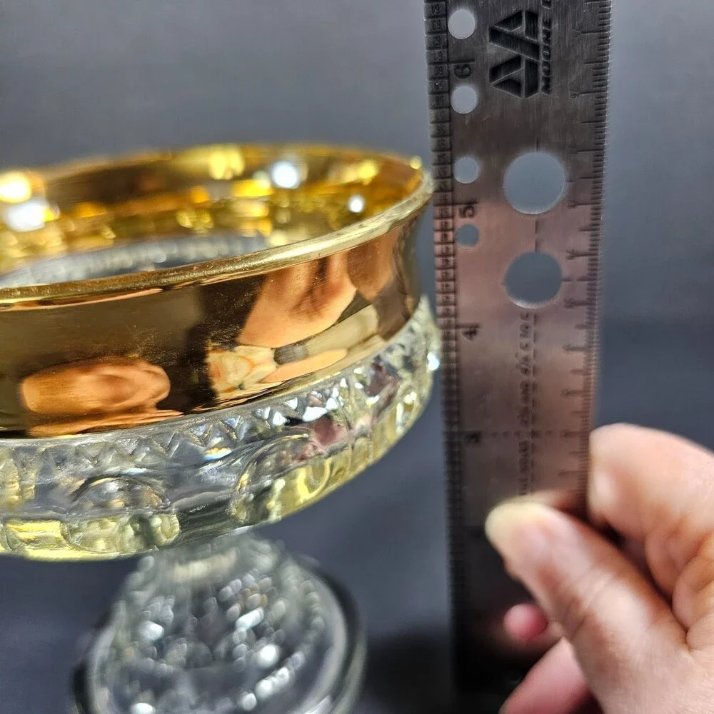 Vtg Midcentury Indiana Glass Compote Candy Dish Kings Crown Thumbprint Gold Rim